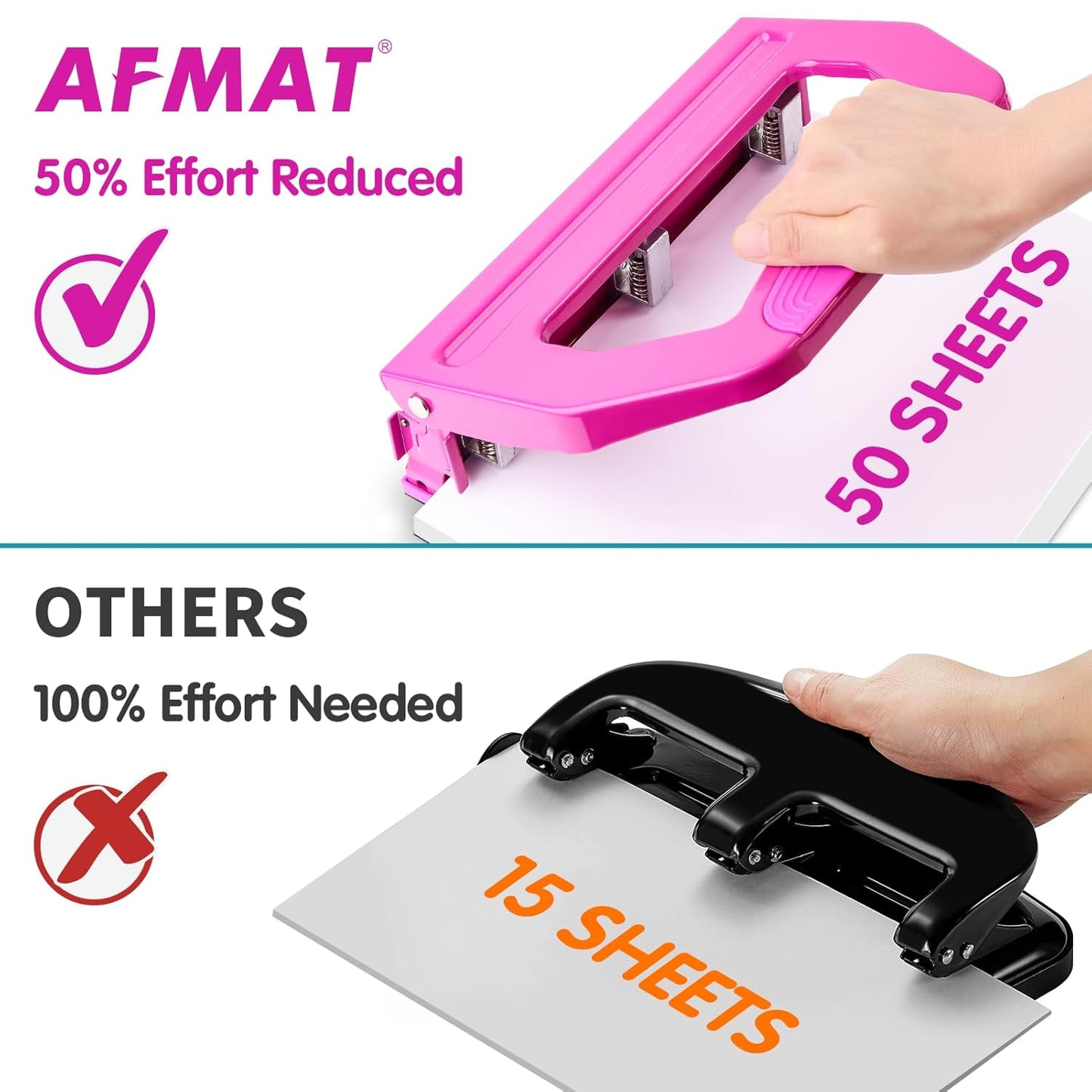 AFMAT HP18 Heavy Duty 3 Hole Punch, 50-Sheet, 50% Reduced Effort, Adjustable Two & Three Hole Punch,Green