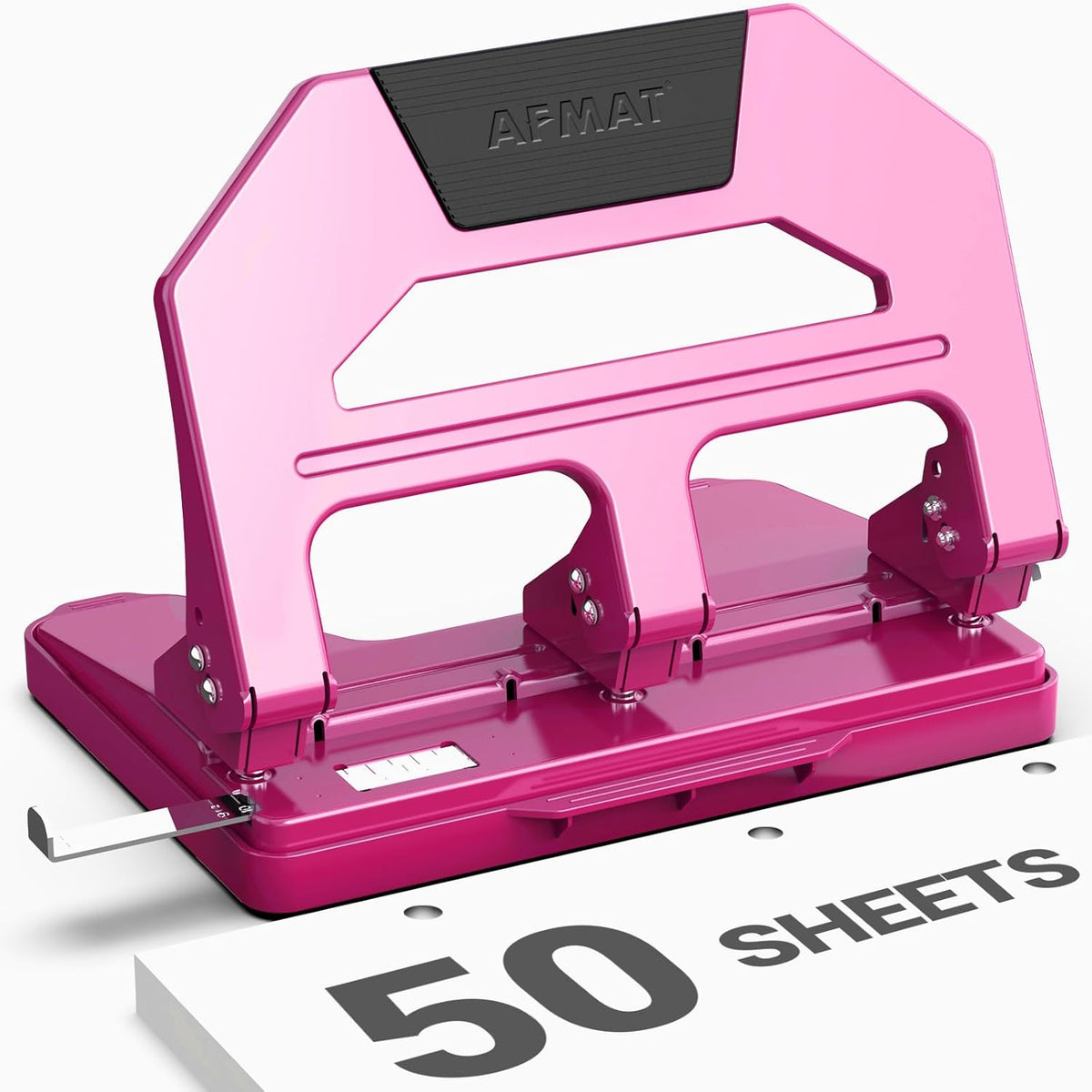 AFMAT Heavy Duty 3 Hole Puncher, 50-Sheet Paper Punch Heavy Duty, 50% Reduced Effort Three Hole Punch, 10K+ Uses, Metal Hole Puncher 3 Ring w/Large Tray, Bulit-in S.S. Paper Guide HPX4RW