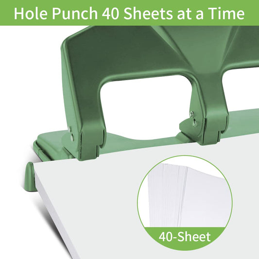 AFMAT HP14 3 Hole Punch Heavy Duty, 40-Sheet Three Hole Punch, 50% Reduced Effort Metal Paper Puncher w/Large Chip Tray,Green