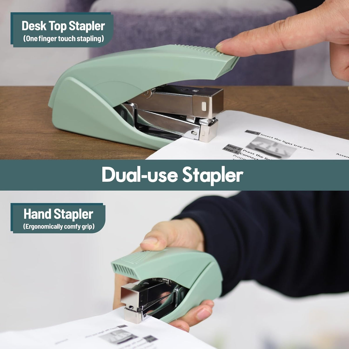 AFMAT ES10 Stapler for Desk, 50 Sheet Effortless Stapler, Desktop Stapler Staple with One Finger, Portable Handheld Ergonomic Stapler Heavy Duty,Green