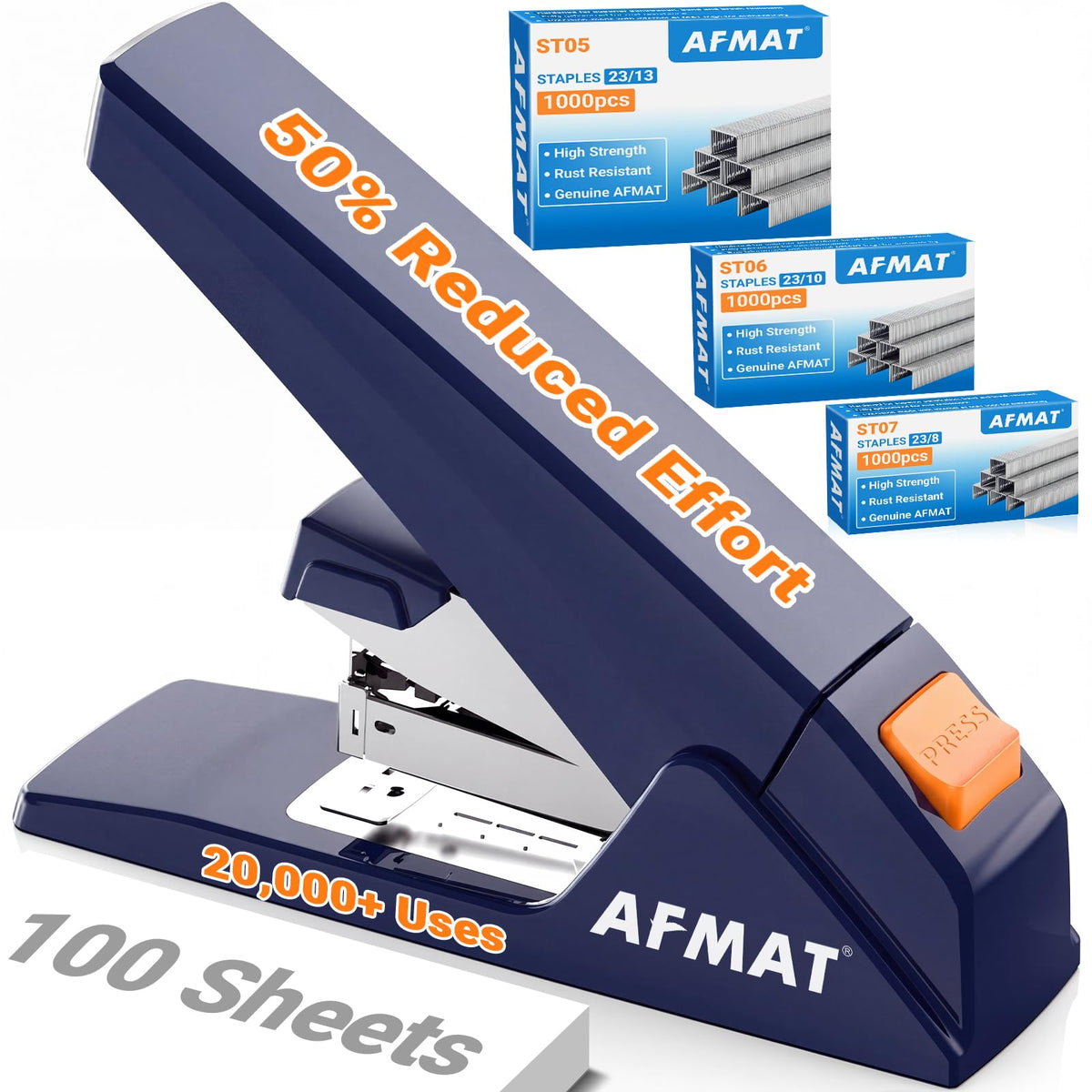 AFMAT ES18 Heavy Duty Stapler-100 Sheet, 50% Less Effort, 20,000+ Uses, ES18BL