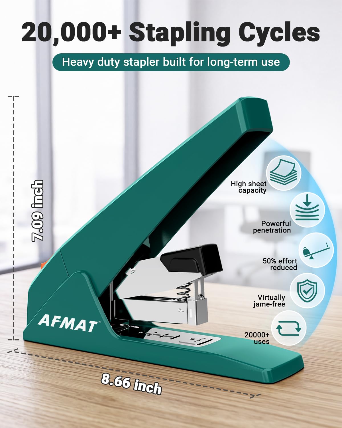 AFMAT ES18 Heavy Duty Stapler-100 Sheet, 50% Less Effort, 20,000+ Uses, ES18GN