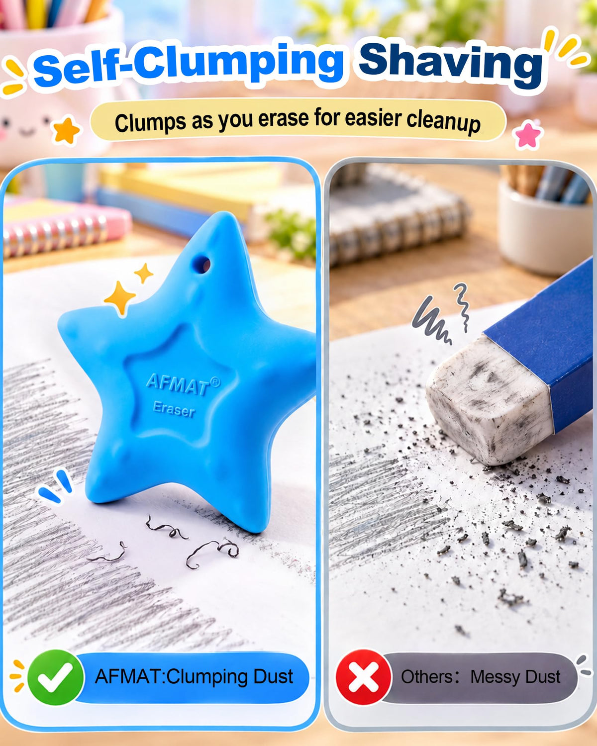 AFMAT PE03 Erasers for Kids, Latex-Free, Self-Clumping Shavings, 5 Pcs