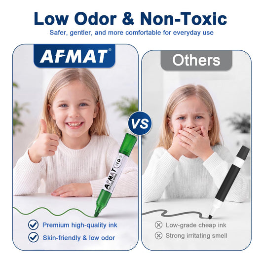 AFMAT Dry Erase Markers, Liquid Bullet Tip Whiteboard Markers with Visible Ink Window, Low Odor & Non-Toxic, 3X Large Capacity, No Residue for White Board, Classroom, Office, Home, 6 Colors, 12 Pack,DB10Y3
