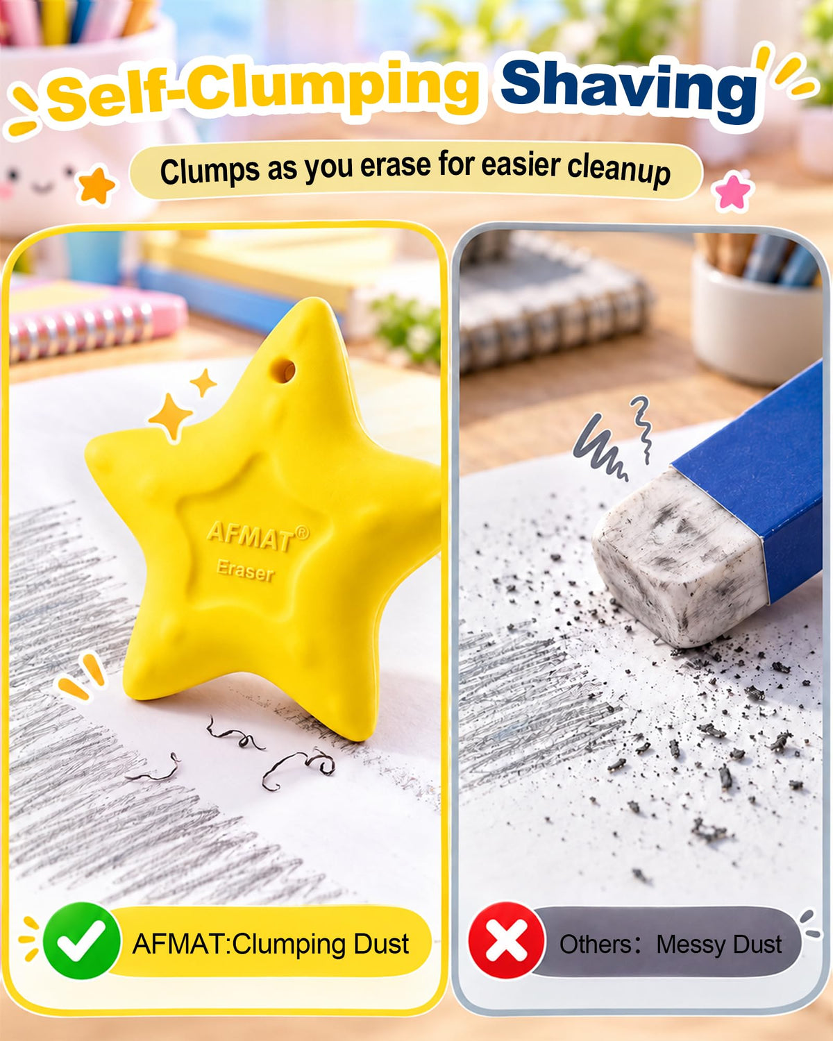 AFMAT PE04 Erasers for Kids, Latex-Free, Self-Clumping Shavings, 5 Pcs