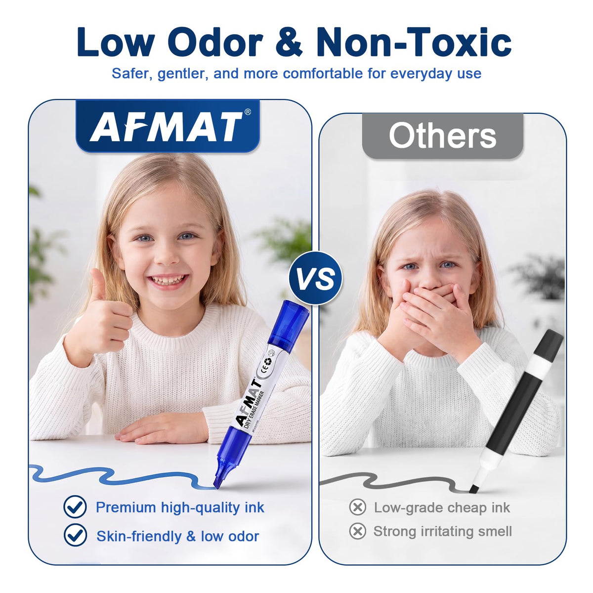 AFMAT Dry Erase Markers, Liquid Chisel Tip Whiteboard Markers with Visible Ink Window, Low Odor & Non-Toxic, 3X Large Capacity, No Residue for White Board, Classroom, Office, Home, Bright Blue,12 Pack,DB10X6