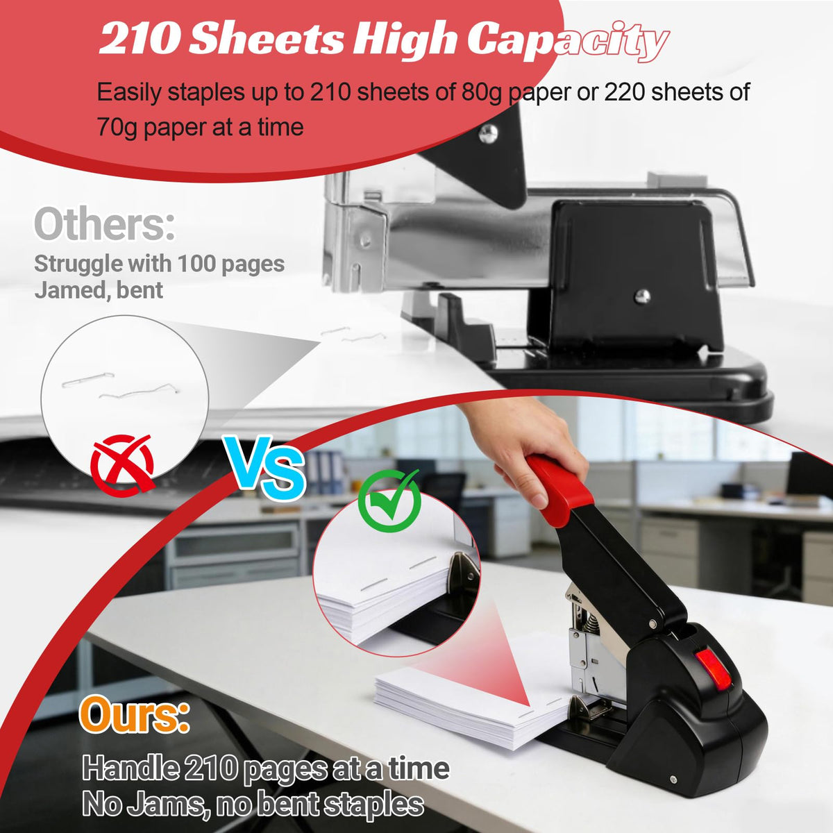 AFMAT Heavy Duty Stapler, 210 Sheet Staplers for Desk with 7000 Staples, Jam-Free, 50000+ Uses, 60% Reduced Effort, Easy Reload, Adjustable Paper Guide, Large Metal Manual Office Staplers, ES15RD