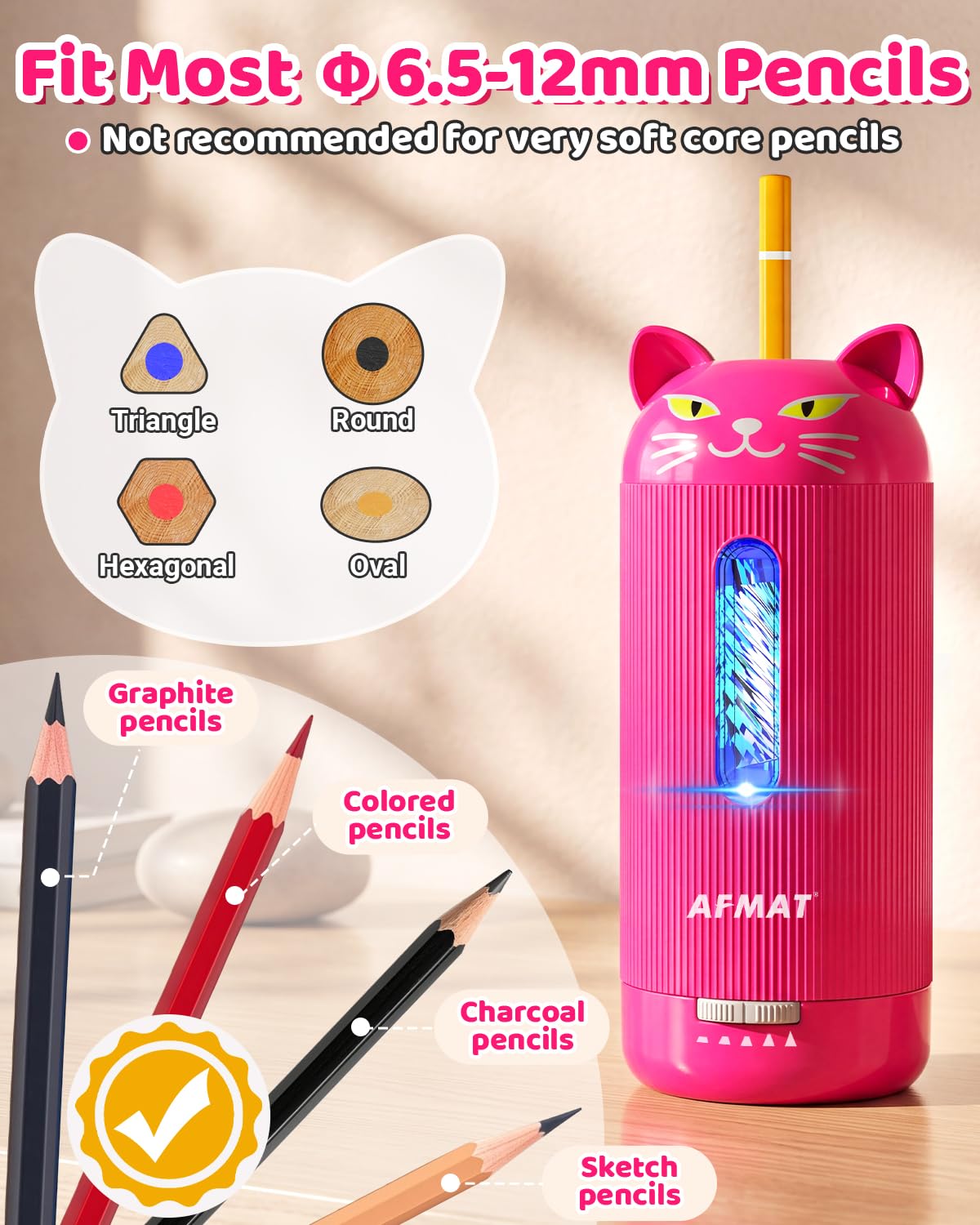 ✅Newest Model Best Features✅ AFMAT PSJ2 Electric Pencil Sharpener, Fully Automatic, for 6.5-12mm Pencils)