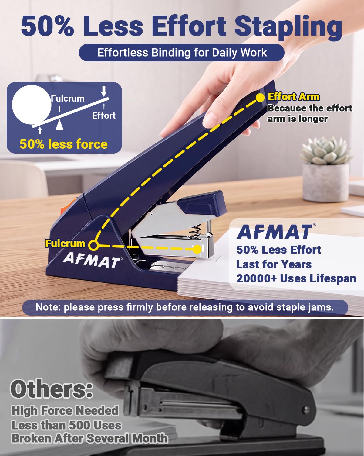 AFMAT ES18 Heavy Duty Stapler-100 Sheet, 50% Less Effort, 20,000+ Uses, ES18BL