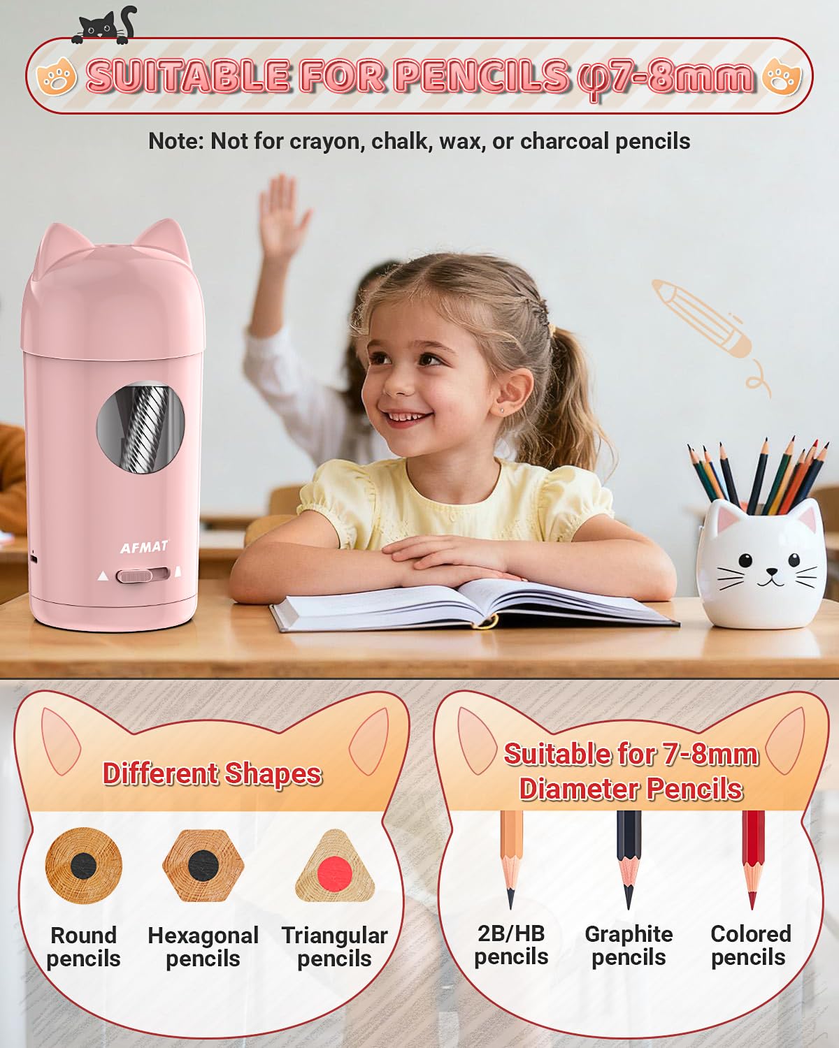 🎀Perfect Gifts for Everyone🎀 AFMAT Fully Automatic Rechargeable Electric Pencil Sharpener for φ7-8mm No.2/Colored Pencils,PSX9PK