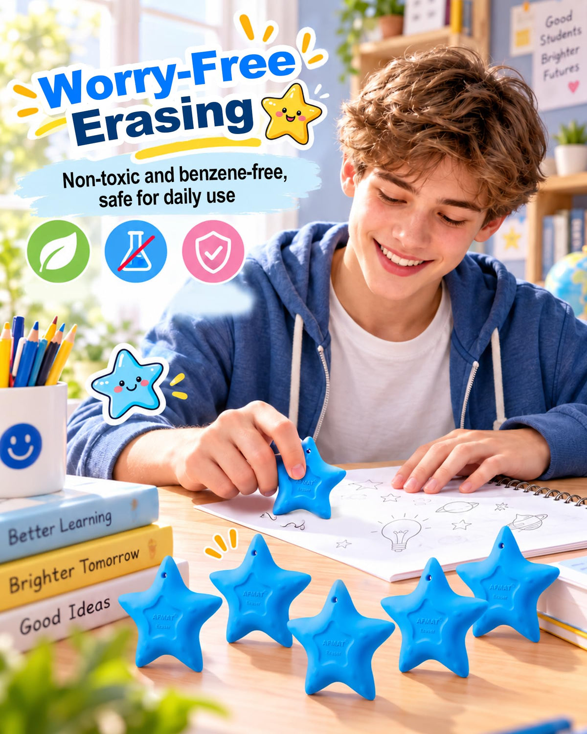 AFMAT PE03 Erasers for Kids, Latex-Free, Self-Clumping Shavings, 5 Pcs