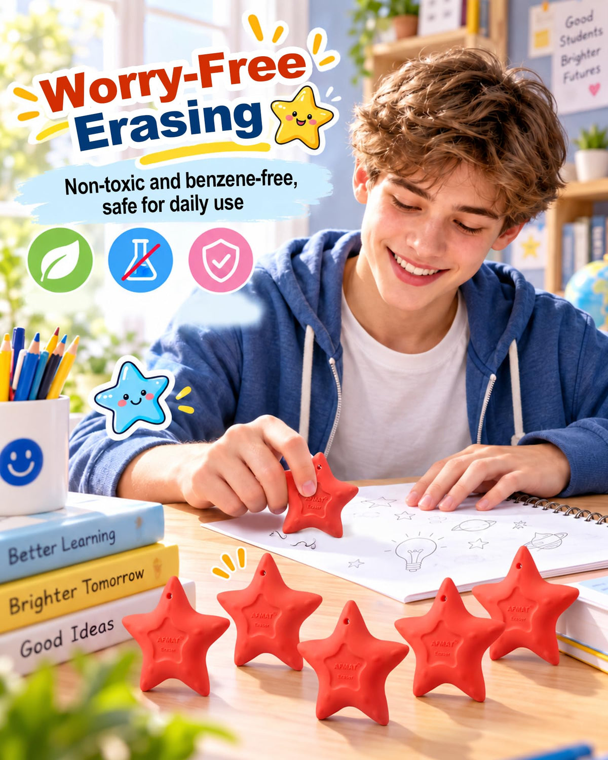 AFMAT PE02 Erasers for Kids, Latex-Free, Self-Clumping Shavings, 5 Pcs