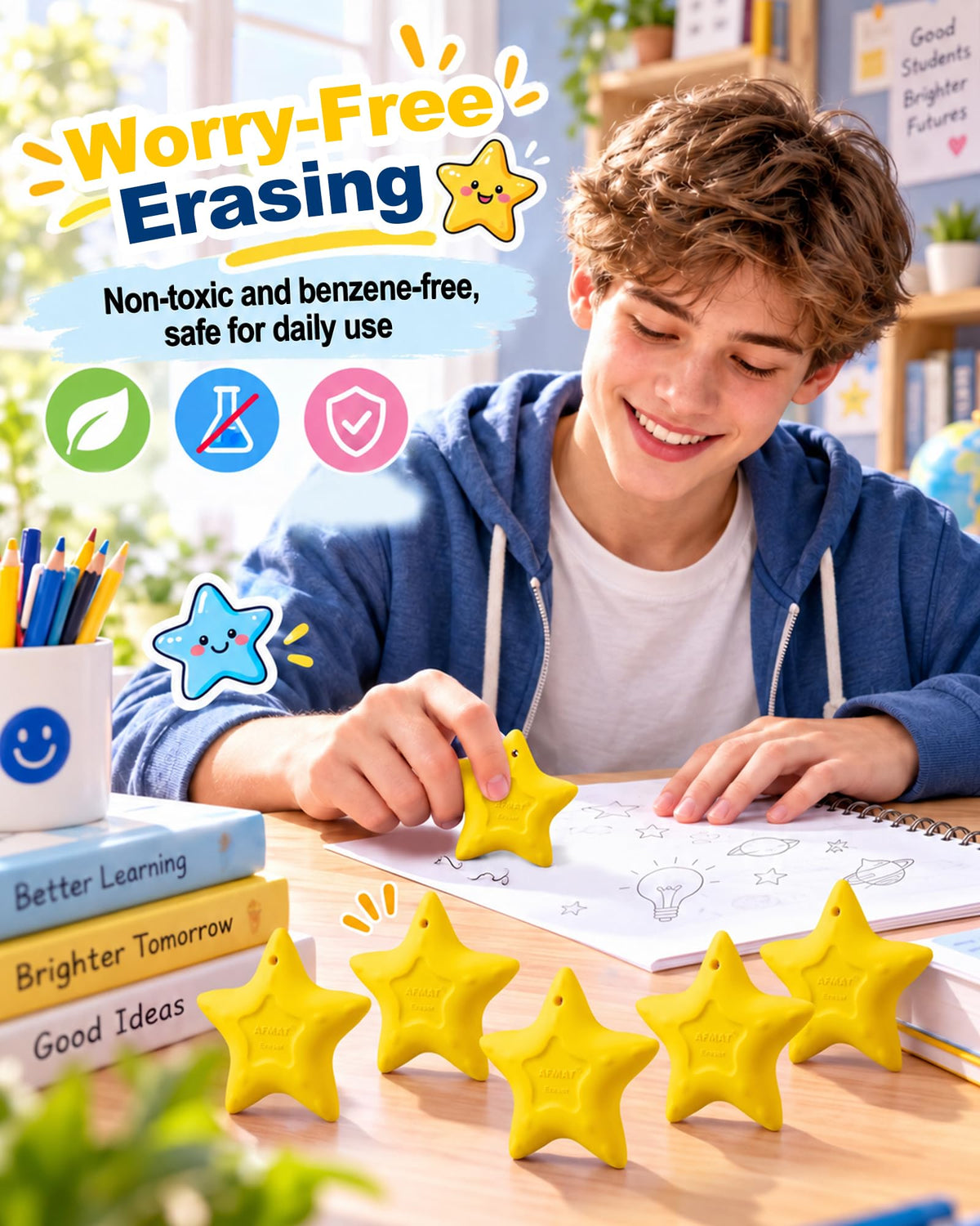 AFMAT PE04 Erasers for Kids, Latex-Free, Self-Clumping Shavings, 5 Pcs