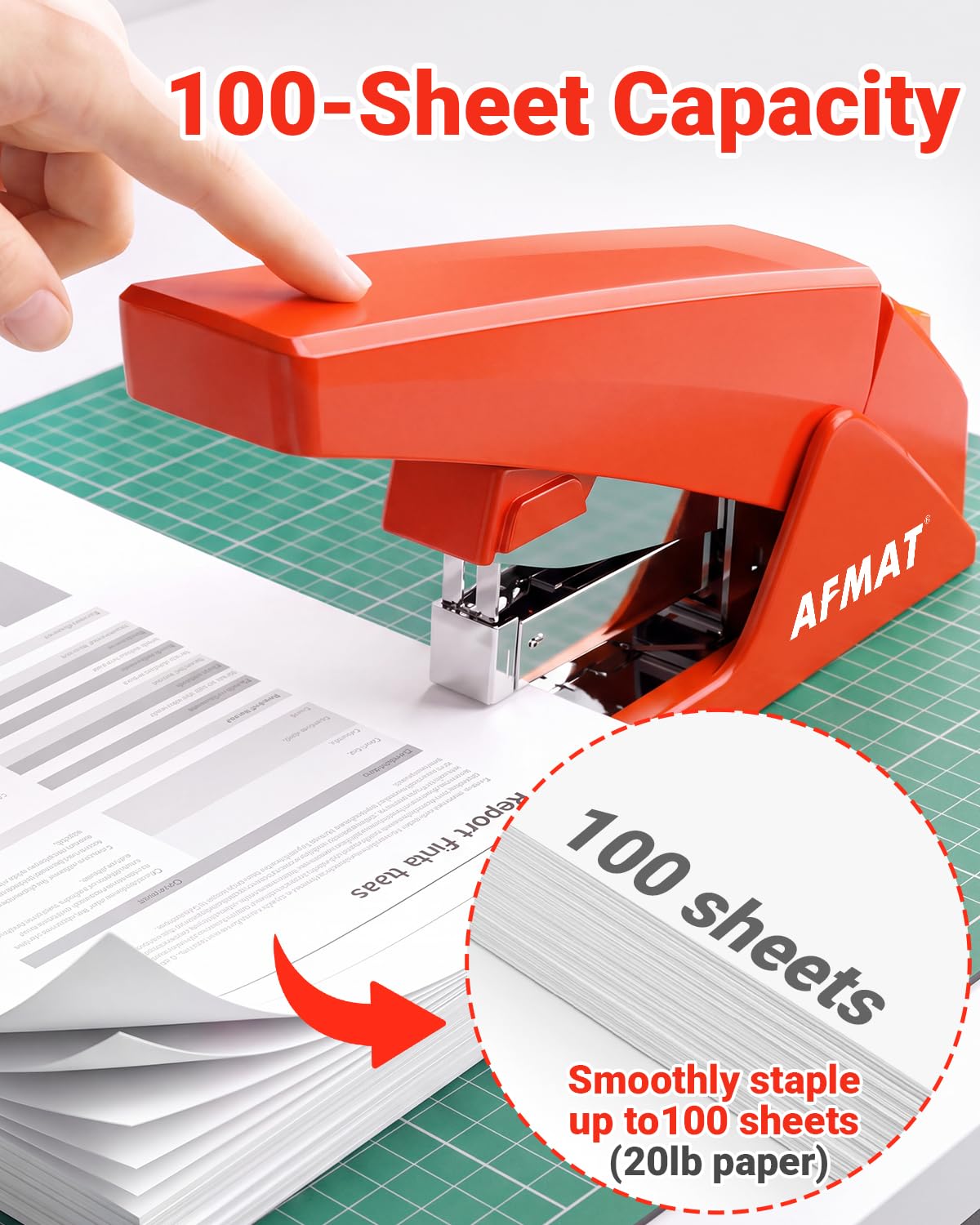 AFMAT ES18 Heavy Duty Stapler, 100-Sheet Effortless Desktop Stapler, ES18RD