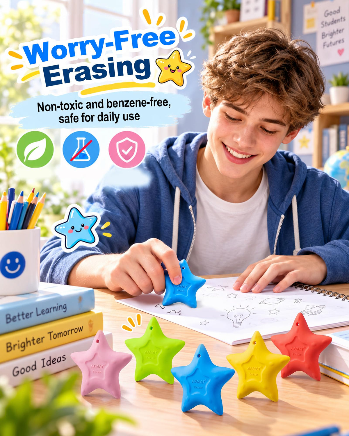 AFMAT PE12 Erasers for Kids, Latex-Free, Self-Clumping Shavings, 5 Pcs