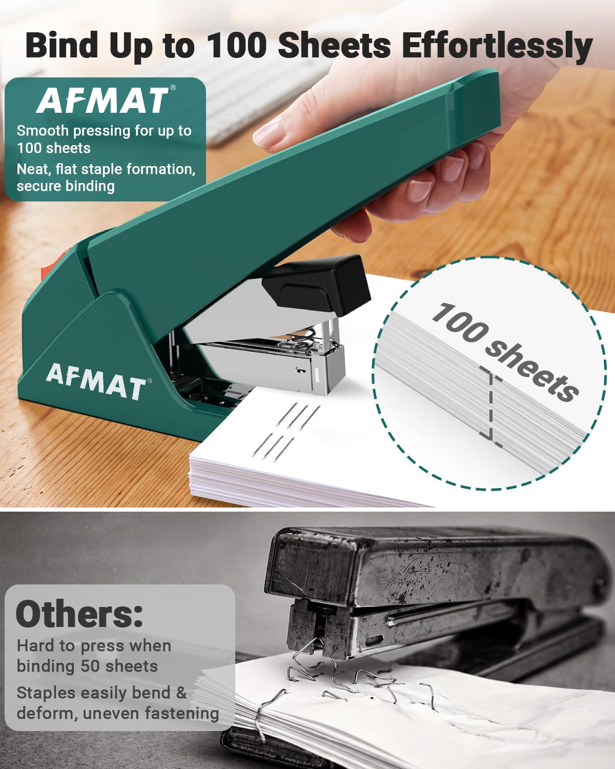 AFMAT ES18 Heavy Duty Stapler-100 Sheet, 50% Less Effort, 20,000+ Uses, ES18GN