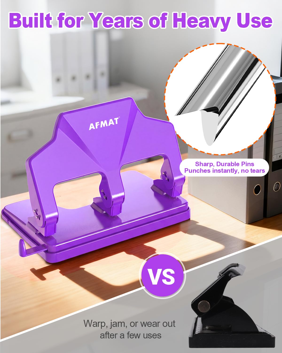 AFMAT 3-Loch-Stanzer, robust, 40-Blatt-Dreilocher, 50 % weniger Kraftaufwand, Metall-Papierstanzer mit großem Chipfach, Modell: HP14 (Schwarz)