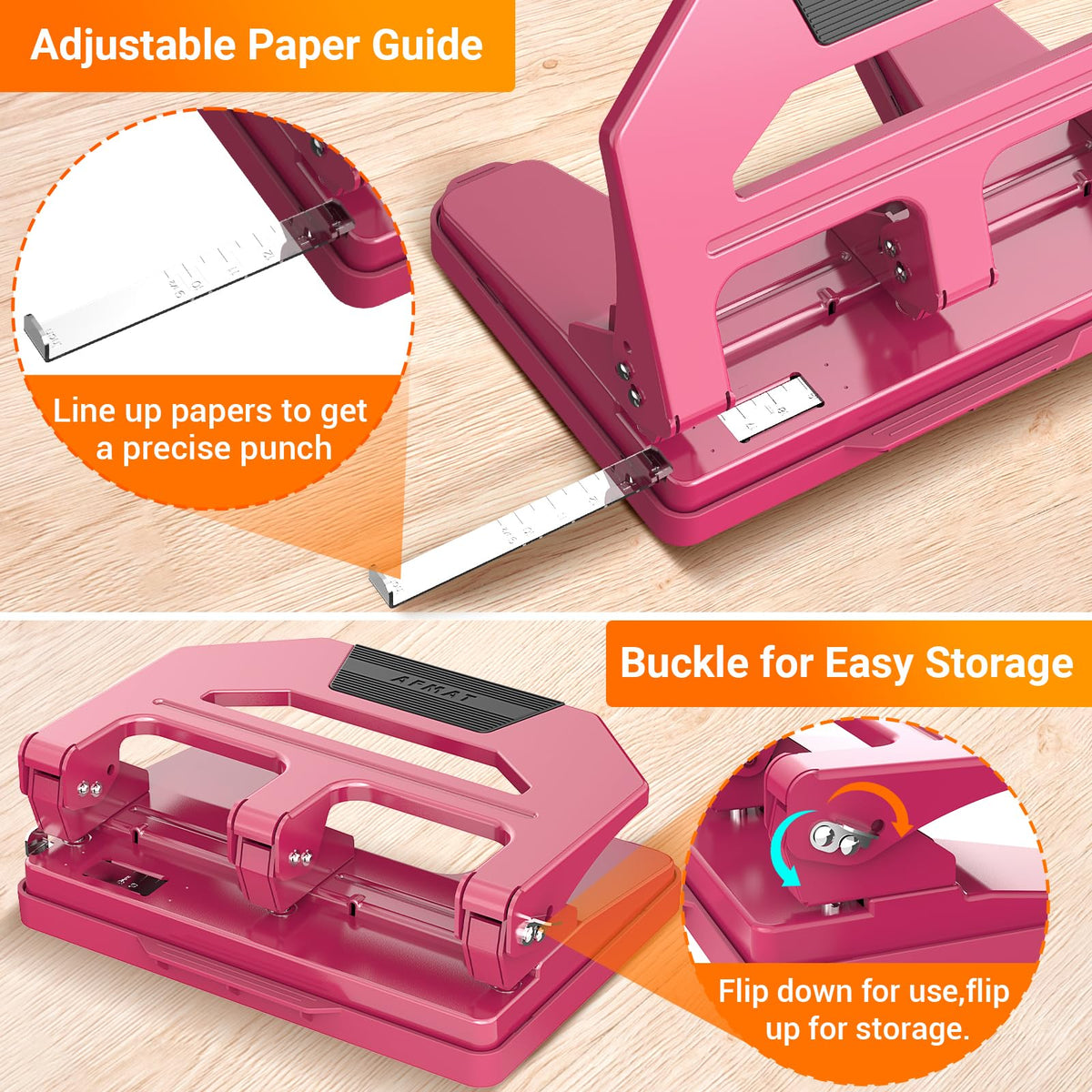 AFMAT Heavy Duty 3 Hole Puncher, 50-Sheet Paper Punch Heavy Duty, 50% Reduced Effort Three Hole Punch, 10K+ Uses, Metal Hole Puncher 3 Ring w/Large Tray, Bulit-in S.S. Paper Guide HPX4RW