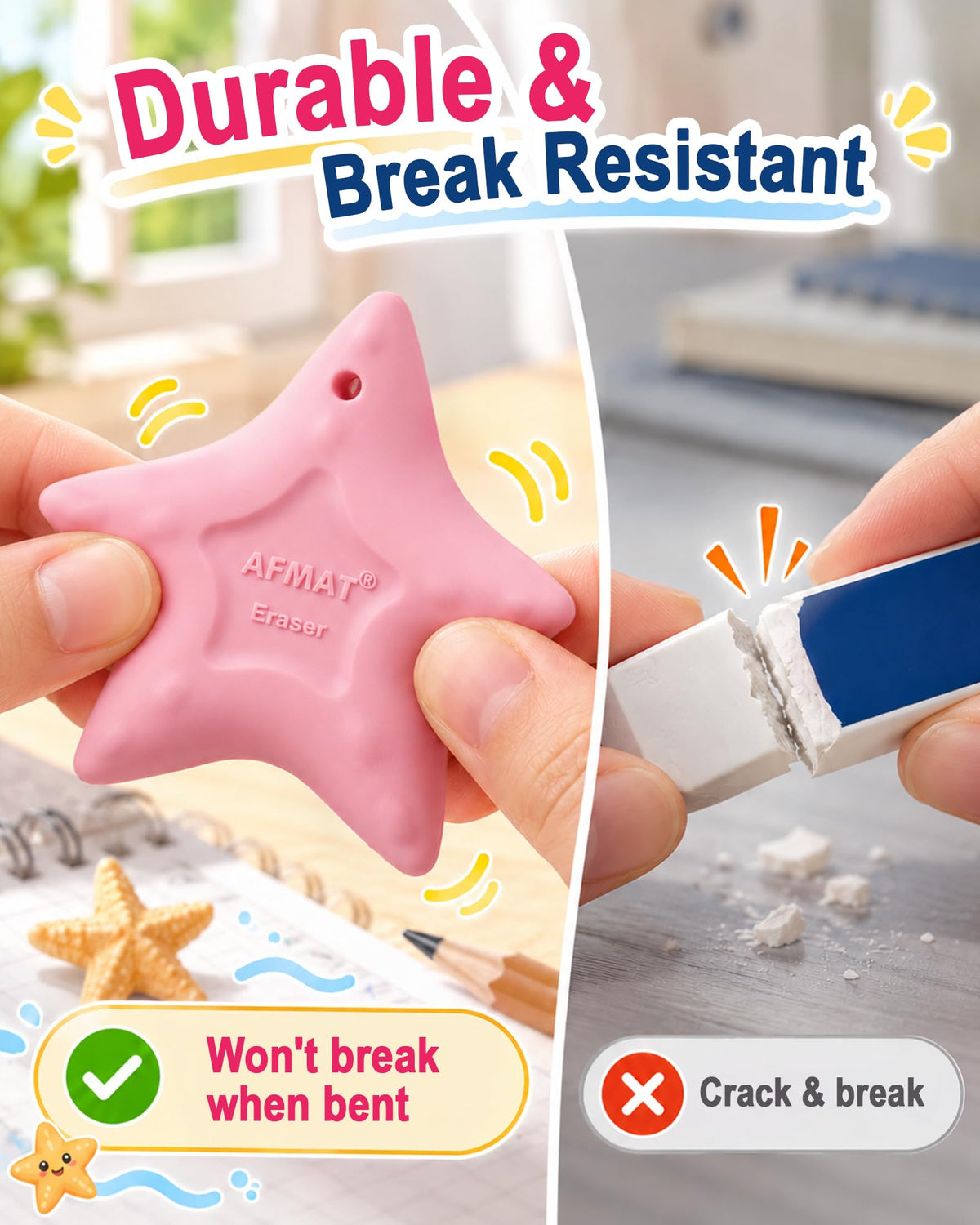 AFMAT PE06 Erasers for Kids, Hipolymer TPE Pencil Eraser, Latex-Free, 5 Pcs