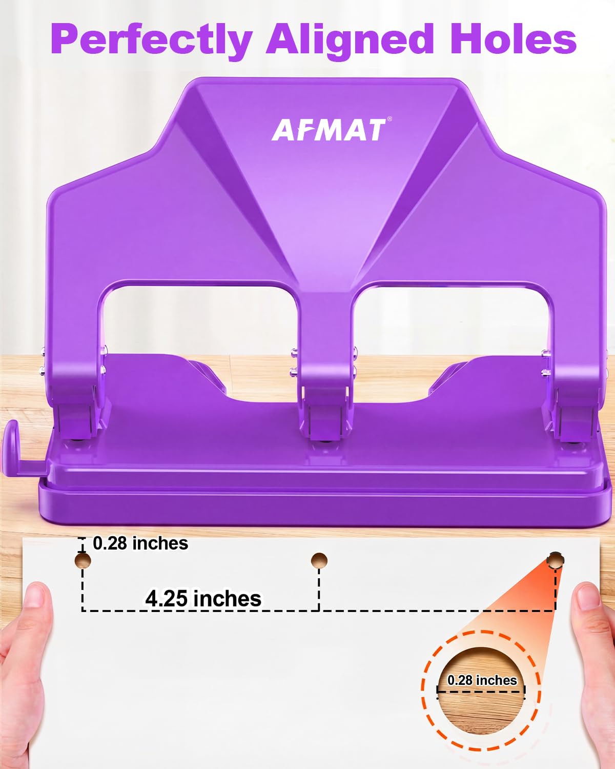 AFMAT 3-Loch-Stanzer, robust, 40-Blatt-Dreilocher, 50 % weniger Kraftaufwand, Metall-Papierstanzer mit großem Chipfach, Modell: HP14 (Schwarz)
