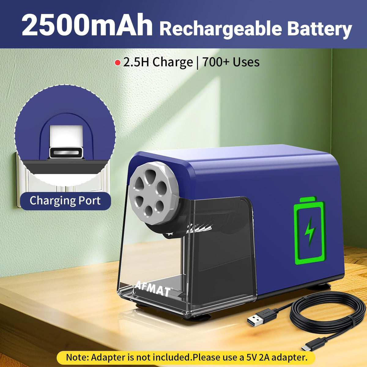 🏫Classroom Must-Haves Every Teacher Needs🏫6-Hole Electric Pencil Sharpener for Classroom, Cordless & Rechargeable & Heavy Duty, for 6-11mm Colored Pencils, 10,000+ Sharpenings,PSD1BL