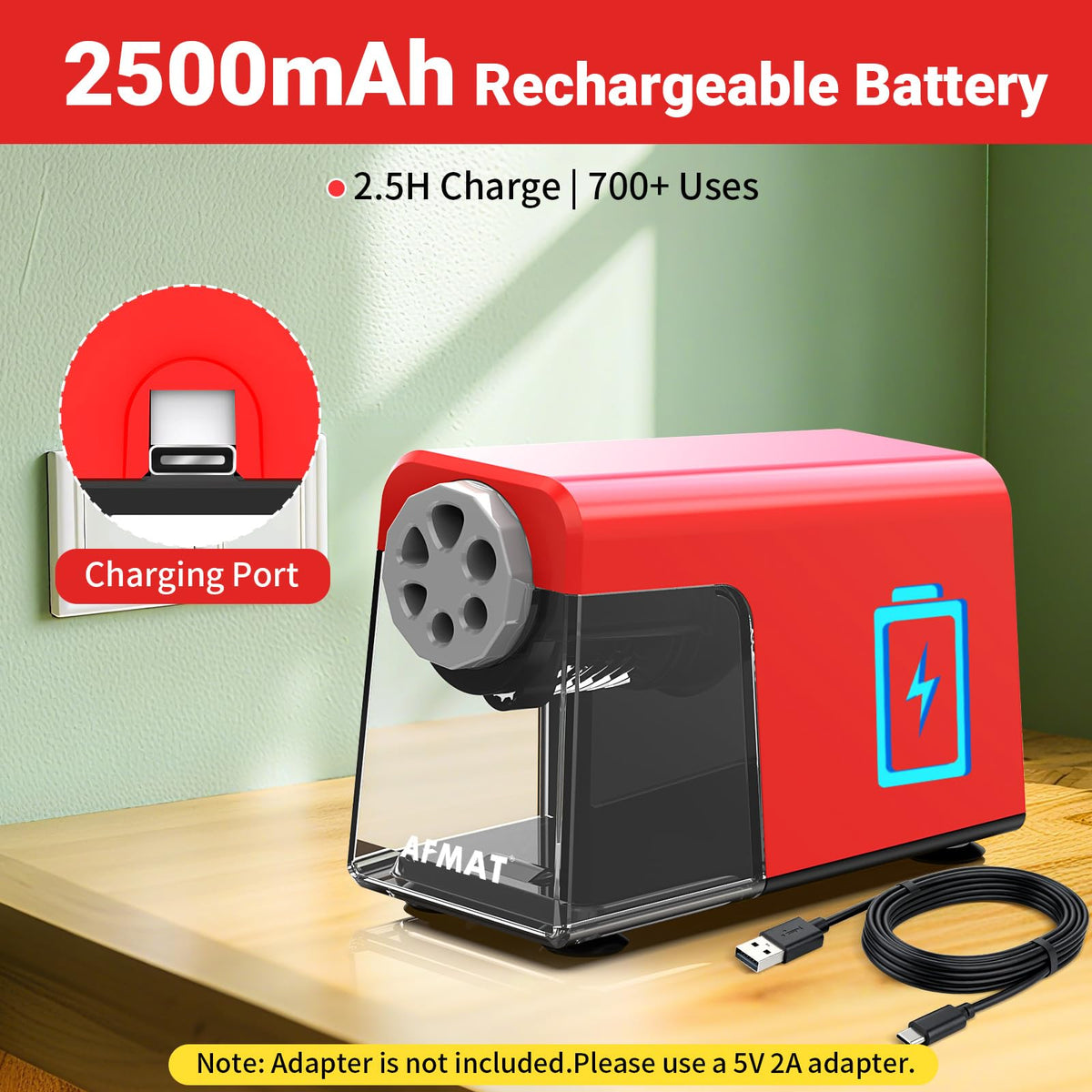 🏫Classroom Must-Haves Every Teacher Needs🏫AFMAT PSD1 Super Durable Rechargeable 6-Hole Heavy Duty Electric Pencil Sharpener for 6-11mm Pencils, Upgraded Durable Blades 10,000+ Sharpenings,PSD1RD