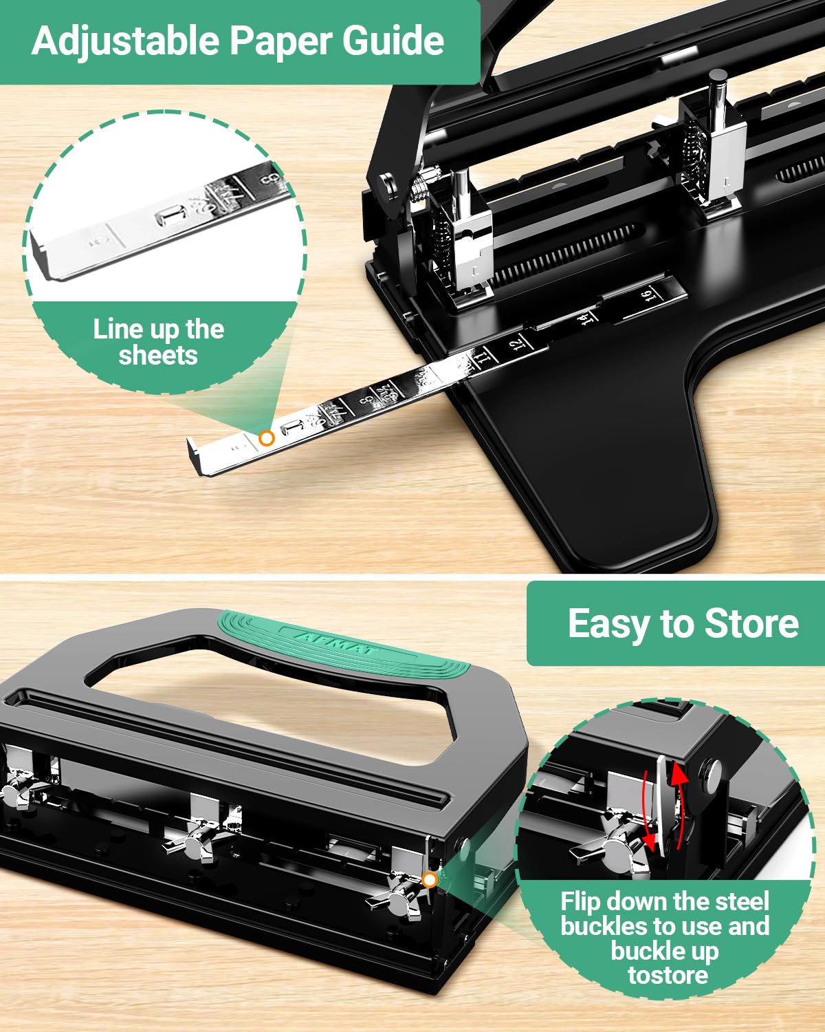 AFMAT 3 Hole Punch Heavy Duty, 9/32" Holes, 50-Sheet Hole Puncher 3 Ring, 50% Reduced Effort, Adjustable Two & Three Hole Punch, Metal Paper Puncher w/Large Chip Tray, Metal Paper Guide, HPHP18BG