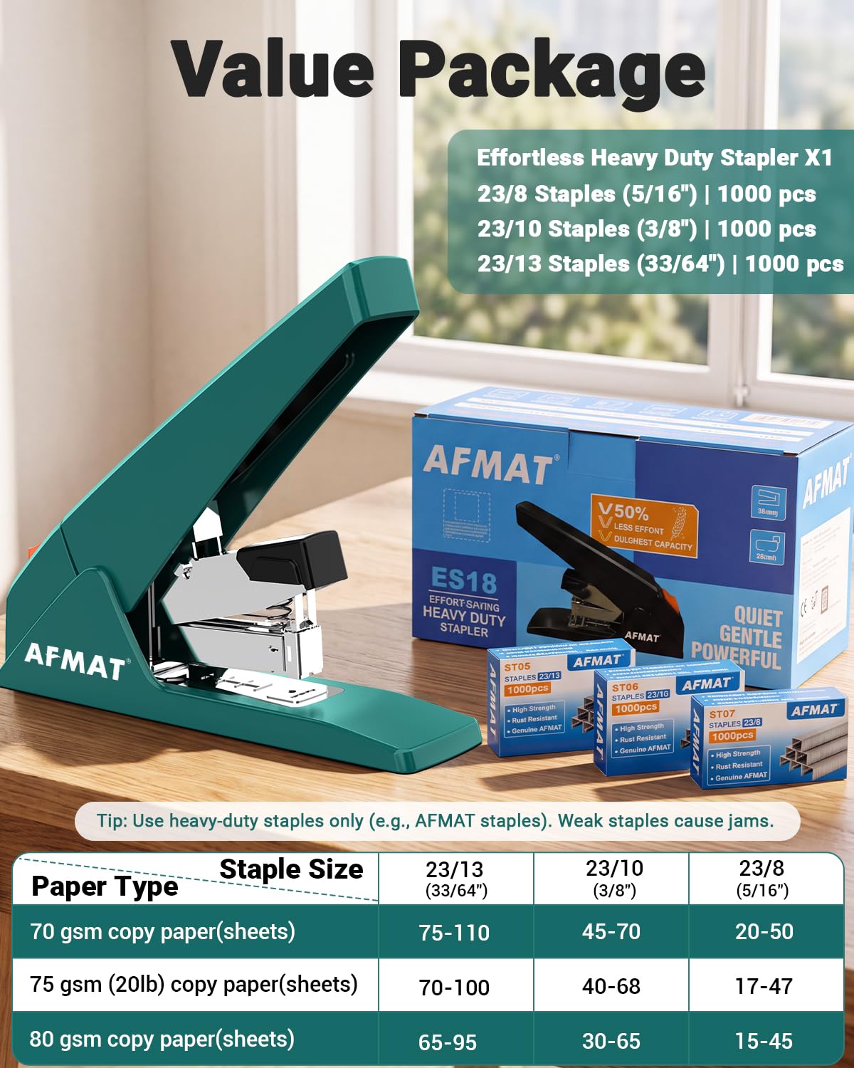 AFMAT ES18 Heavy Duty Stapler-100 Sheet, 50% Less Effort, 20,000+ Uses, ES18GN