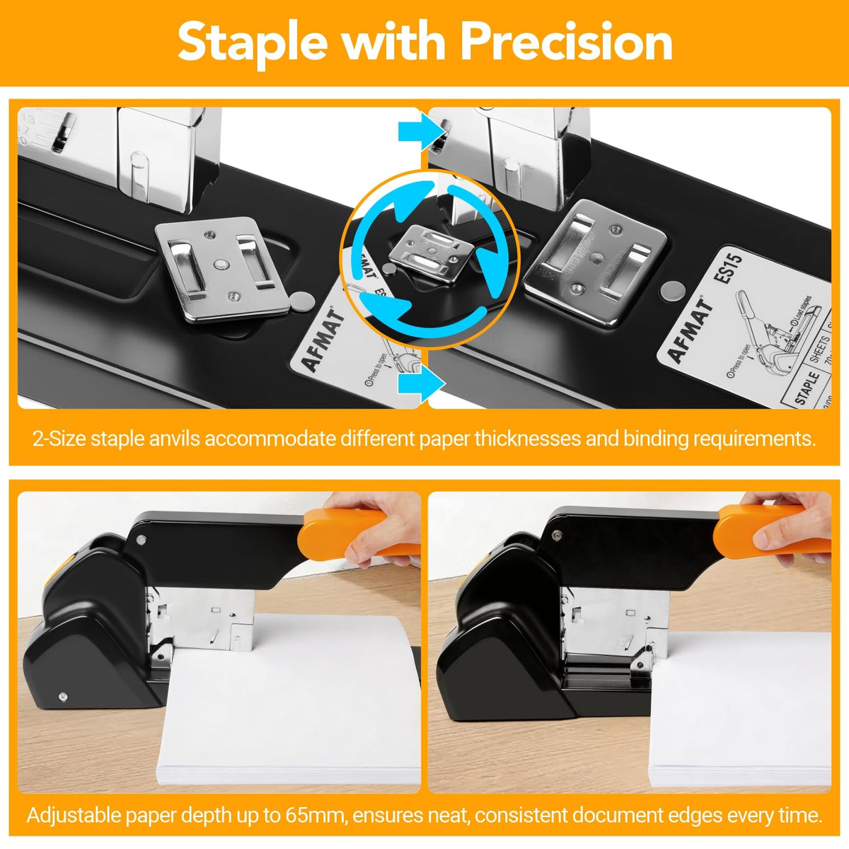 AFMAT Heavy Duty Stapler, 220 Sheets Capacity Stapler for Classroom, 60% Reduced Effort, Jam Free, Adjustable Paper Depth, Metal Desk Office Staplers w/ 50,000+ Uses, Includes 7000Pcs Staples, ES15OR