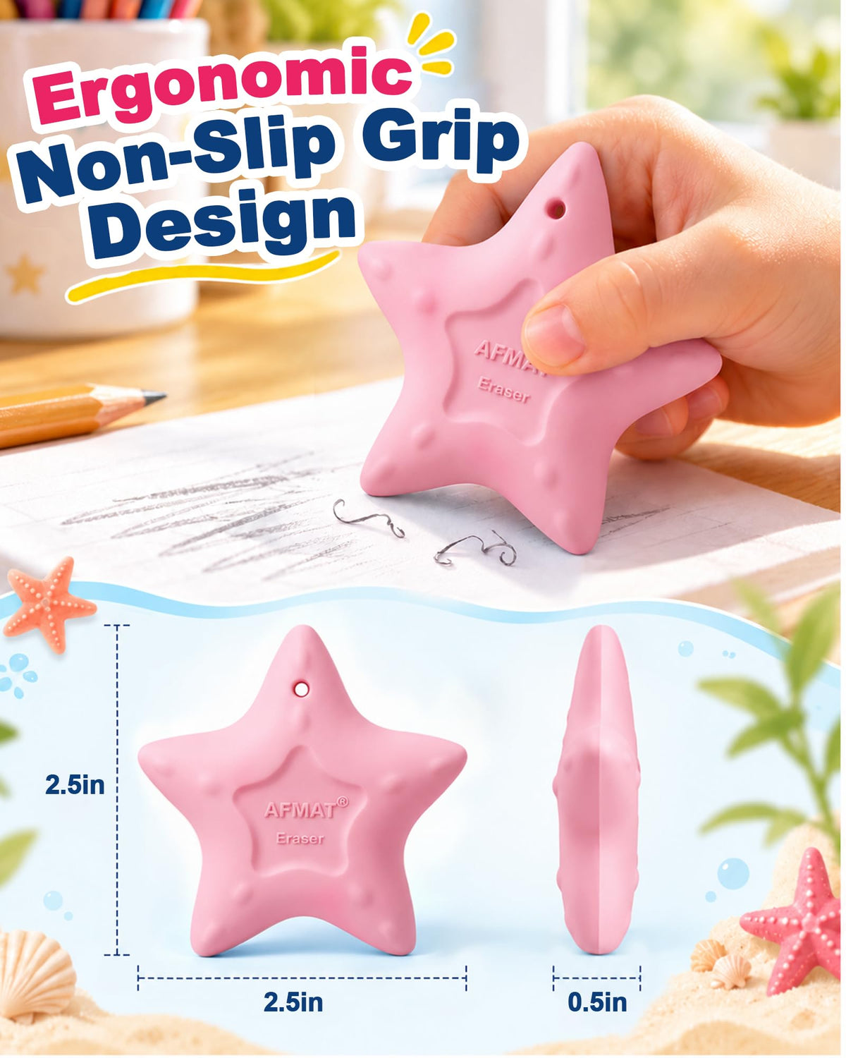 AFMAT PE06 Erasers for Kids, Hipolymer TPE Pencil Eraser, Latex-Free, 5 Pcs