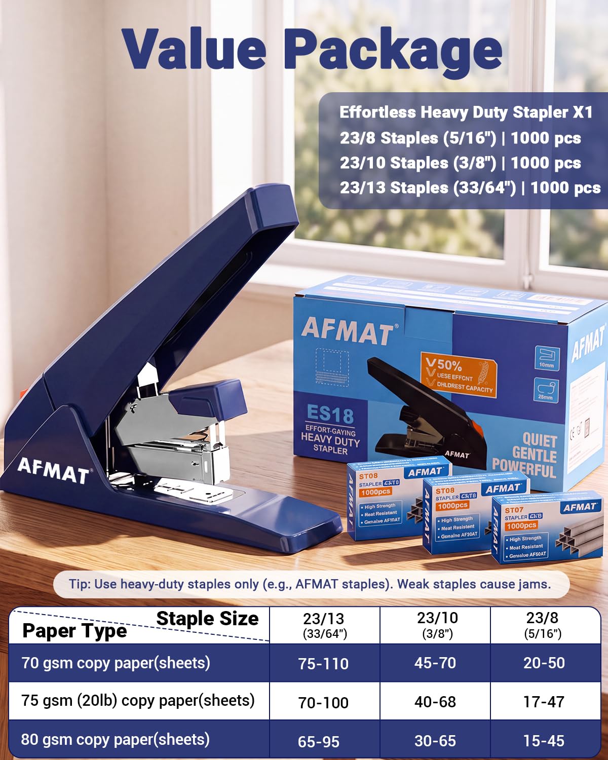 AFMAT ES18 Heavy Duty Stapler-100 Sheet, 50% Less Effort, 20,000+ Uses, ES18BL