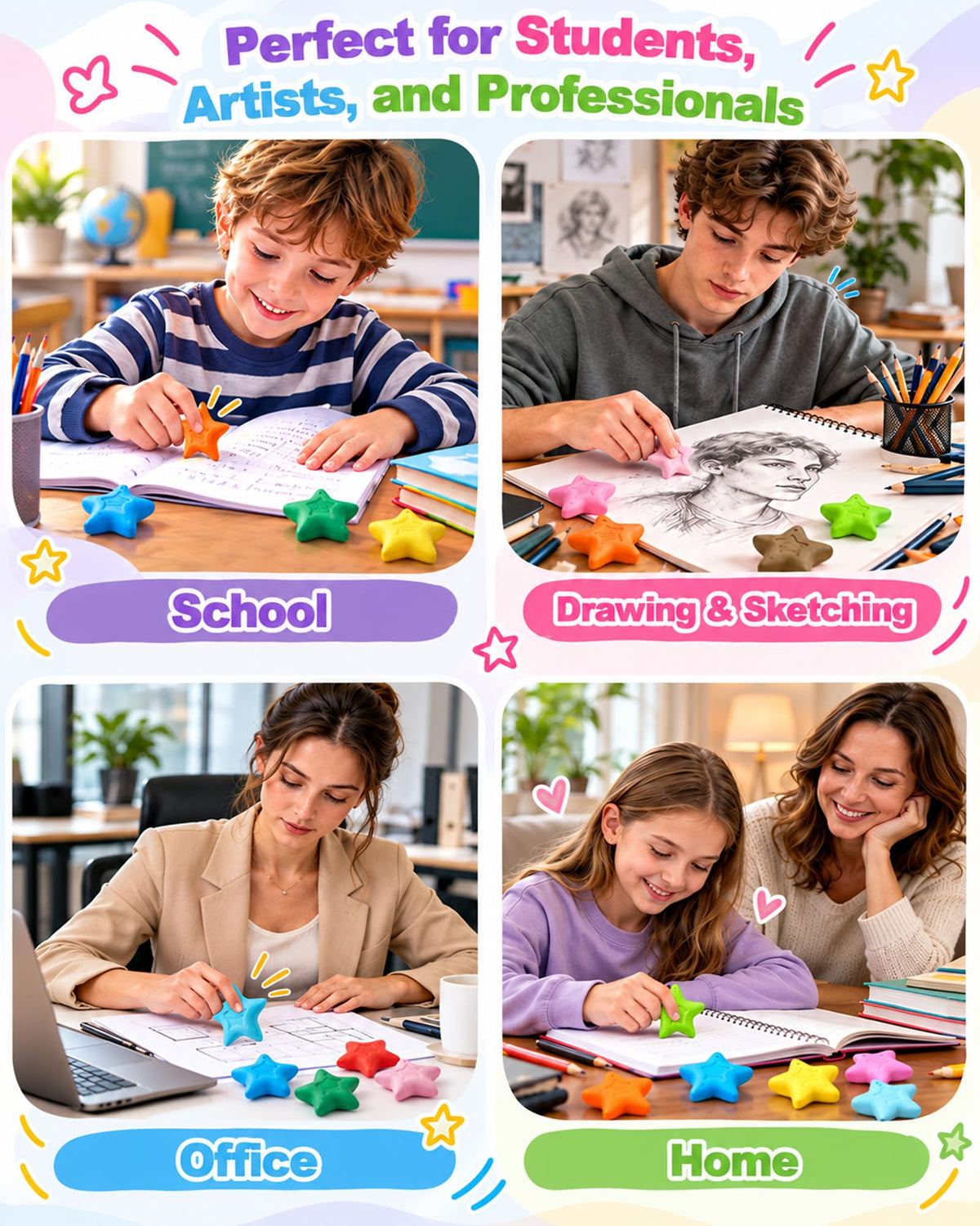 AFMAT PE14 Starfish-Shaped Pencil Erasers, Cute Erasers for Kids, 10 Colors