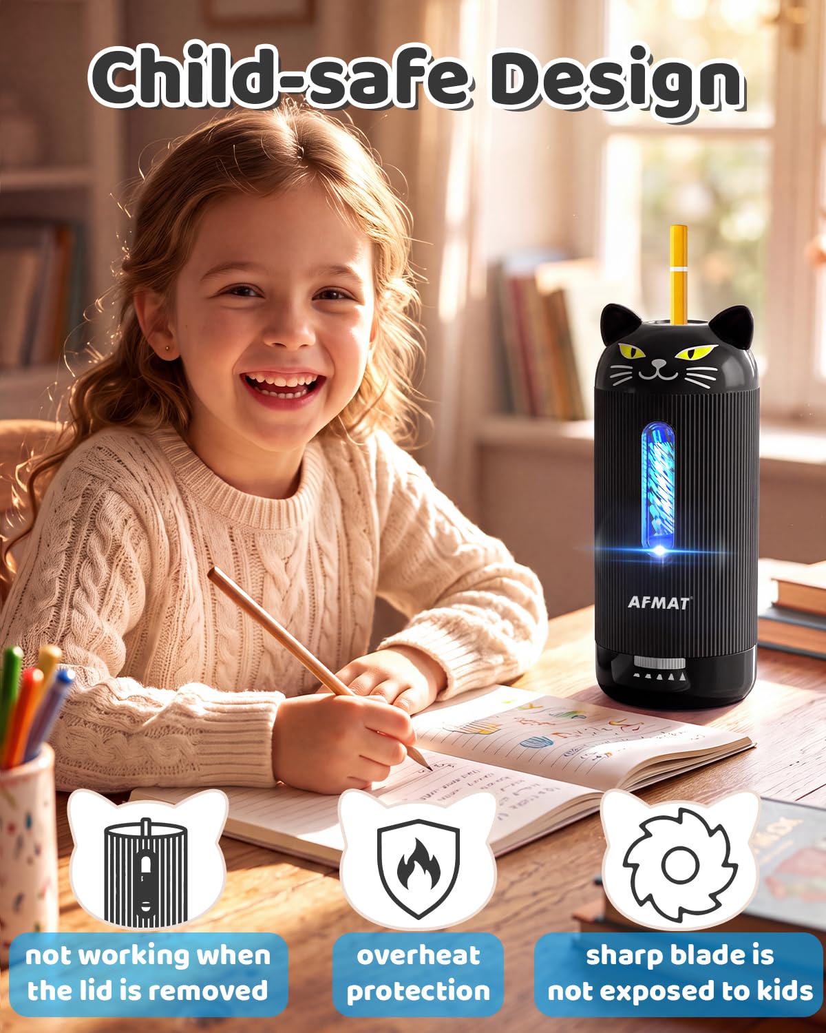 AFMAT Electric Pencil Sharpener, Auto in & Out, 5 Nibs, 7K+ Uses, Fully Automatic Classroom Pencil Sharpener, Rechargeable Hands-Free Sharpeners for Jumbo/Colored Pencils (φ6.5-12mm) PSJ2BK