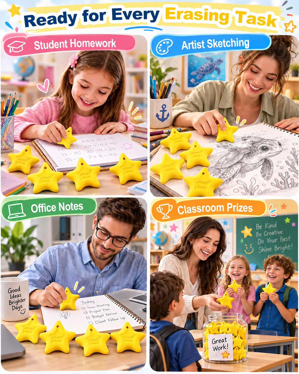 AFMAT PE04 Erasers for Kids, Latex-Free, Self-Clumping Shavings, 5 Pcs