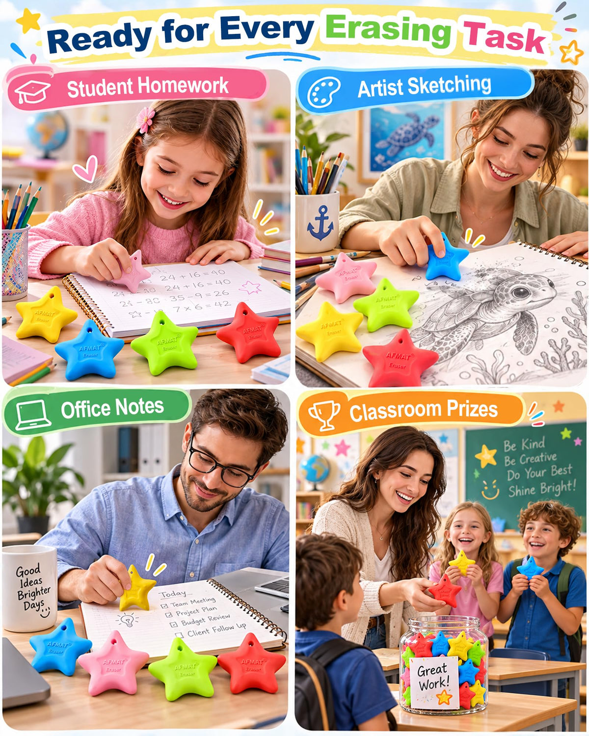 AFMAT PE12 Erasers for Kids, Latex-Free, Self-Clumping Shavings, 5 Pcs