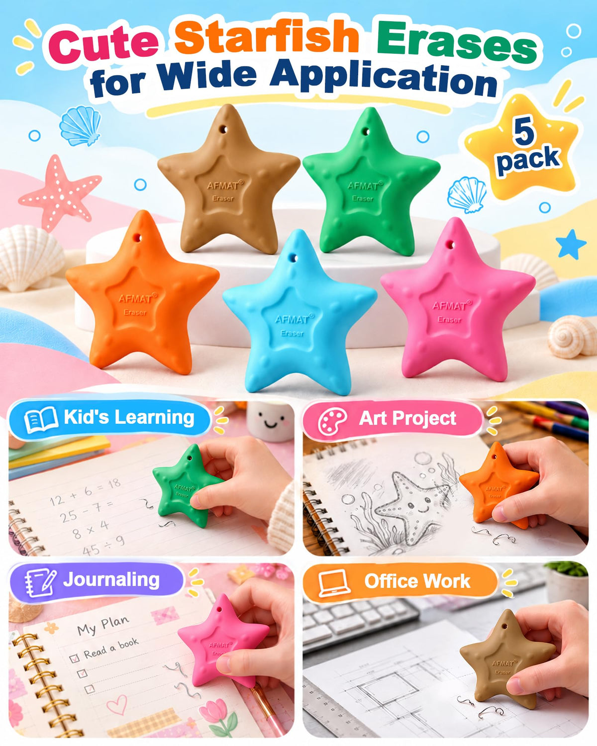 AFMAT PE13 Erasers for Kids, Hipolymer TPE Pencil Eraser, Latex-Free, 5 Pcs