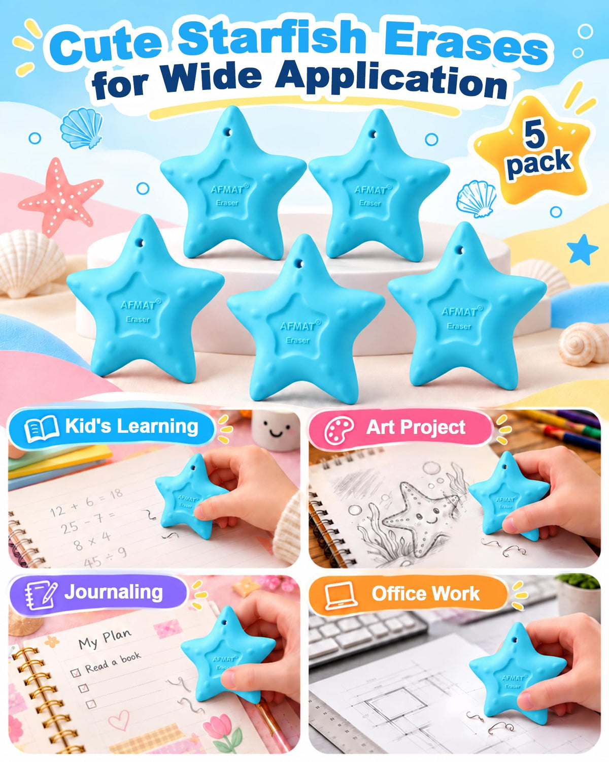 AFMAT PE07 Erasers for Kids, Hipolymer TPE Pencil Eraser, Latex-Free, 5 Pcs