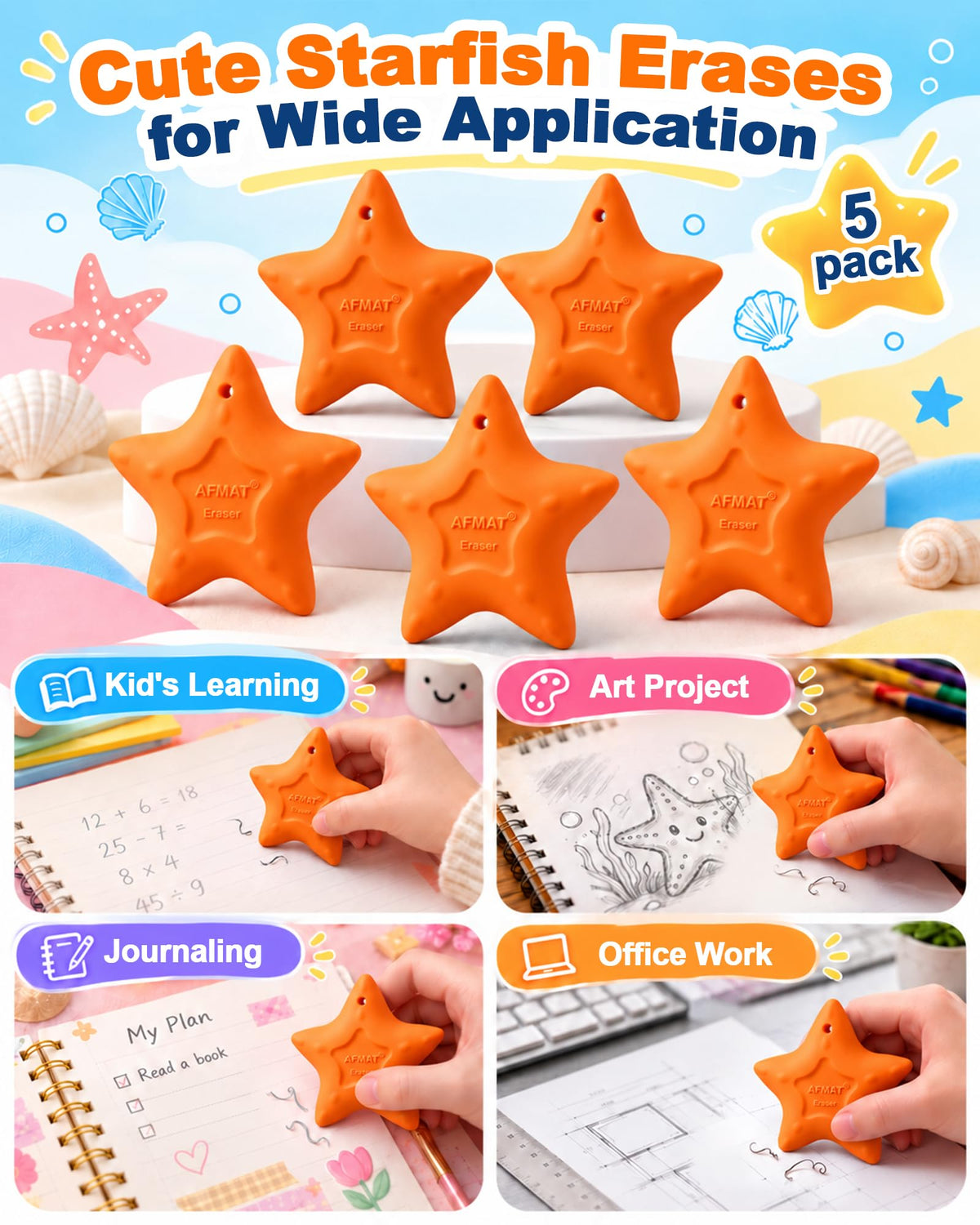 AFMAT PE08 Erasers for Kids, Hipolymer TPE Pencil Eraser, Latex-Free, 5 Pcs