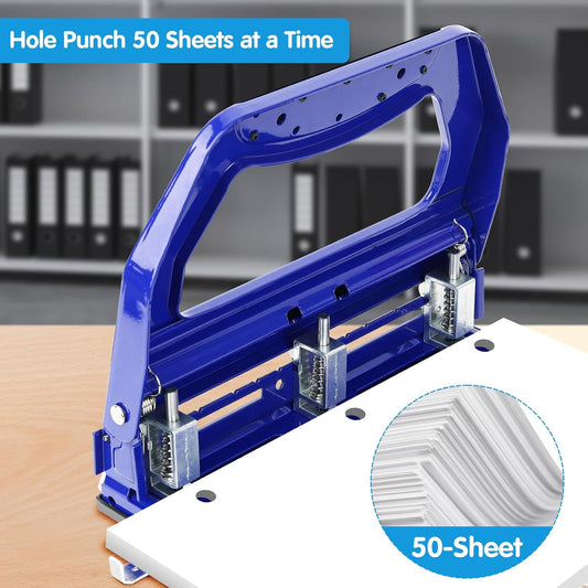 AFMAT HP18 Heavy Duty 3 Hole Punch, 50-Sheet, 50% Reduced Effort, Adjustable Two & Three Hole Punch,Blue
