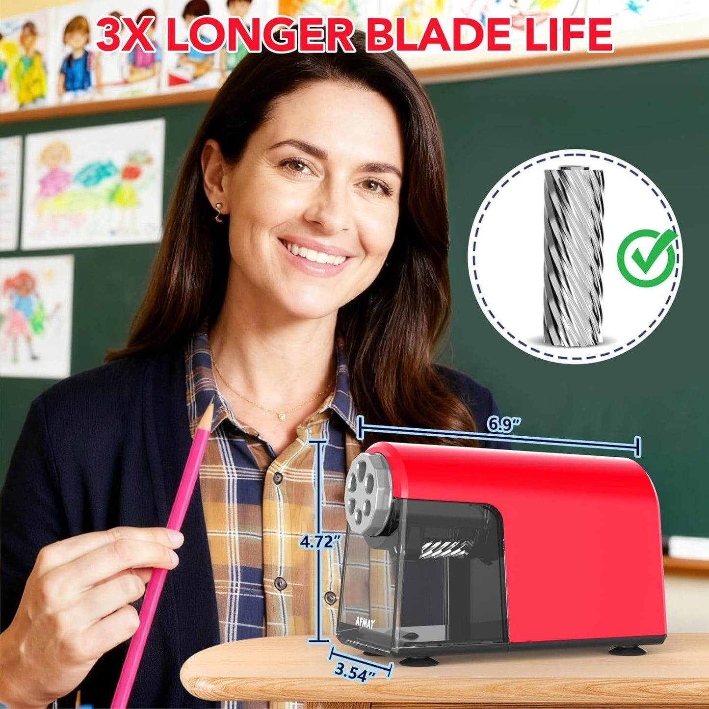 AFMAT PSD2 Rechargeable Super Durable 6-Hole Electric Pencil Sharpener Heavy Duty for 6-11mm Pencils, Upgraded Durable Blades 10,000+ Sharpenings,Auto Stop Super Fast,PSD2RD