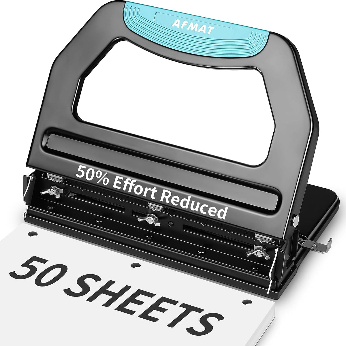 AFMAT HP18 Heavy Duty 3 Hole Punch, 50-Sheet, 50% Reduced Effort, Adjustable Two & Three Hole Punch,Black
