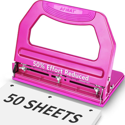 AFMAT HP18 Heavy Duty 3 Hole Punch, 50-Sheet, 50% Reduced Effort, Adjustable Two & Three Hole Punch,Black