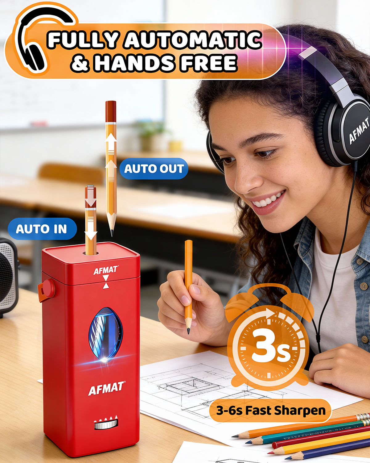 ✅Newest Model With Best Features✅Newly Upgraded Fully Automatic Rechargeable Electric Pencil Sharpener for 6-12mm No.2/Jumbo Pencils, 3X Longer Cutter Life, PSC7RD
