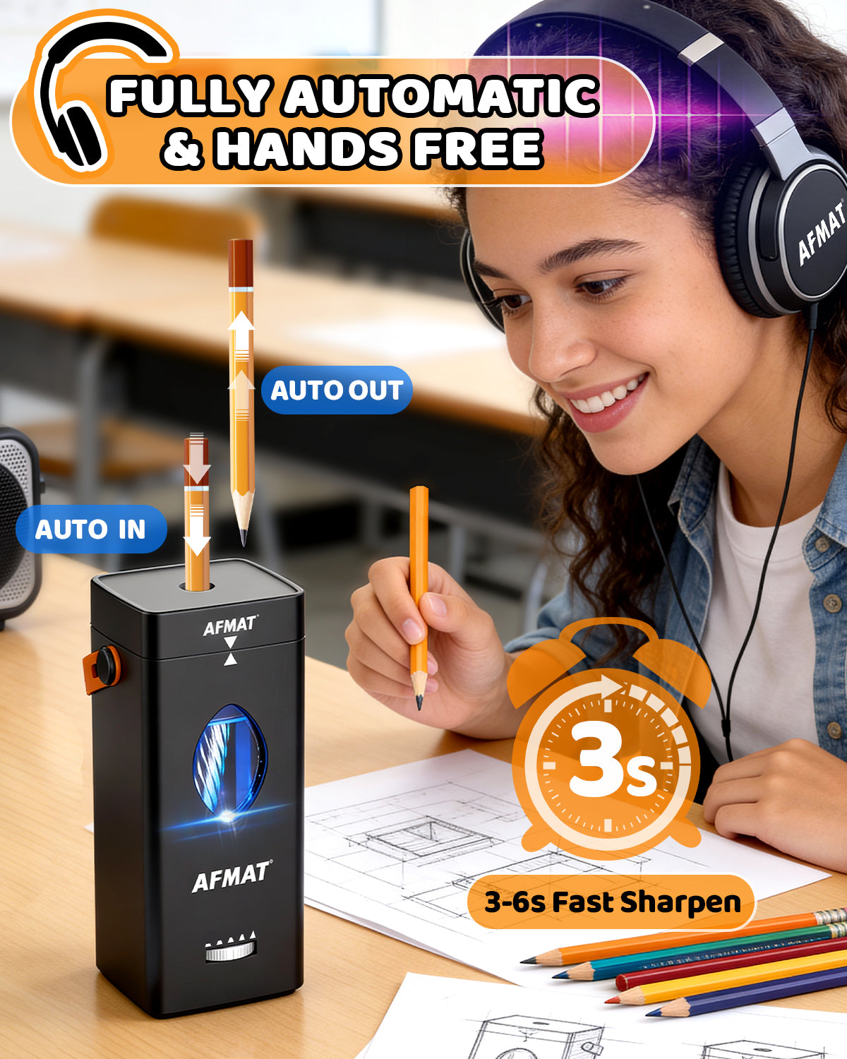 Newly Upgraded Fully Automatic Rechargeable Electric Pencil Sharpener for 6-12mm No.2/Jumbo Pencils, 3X Longer Cutter Life, PSC7BK
