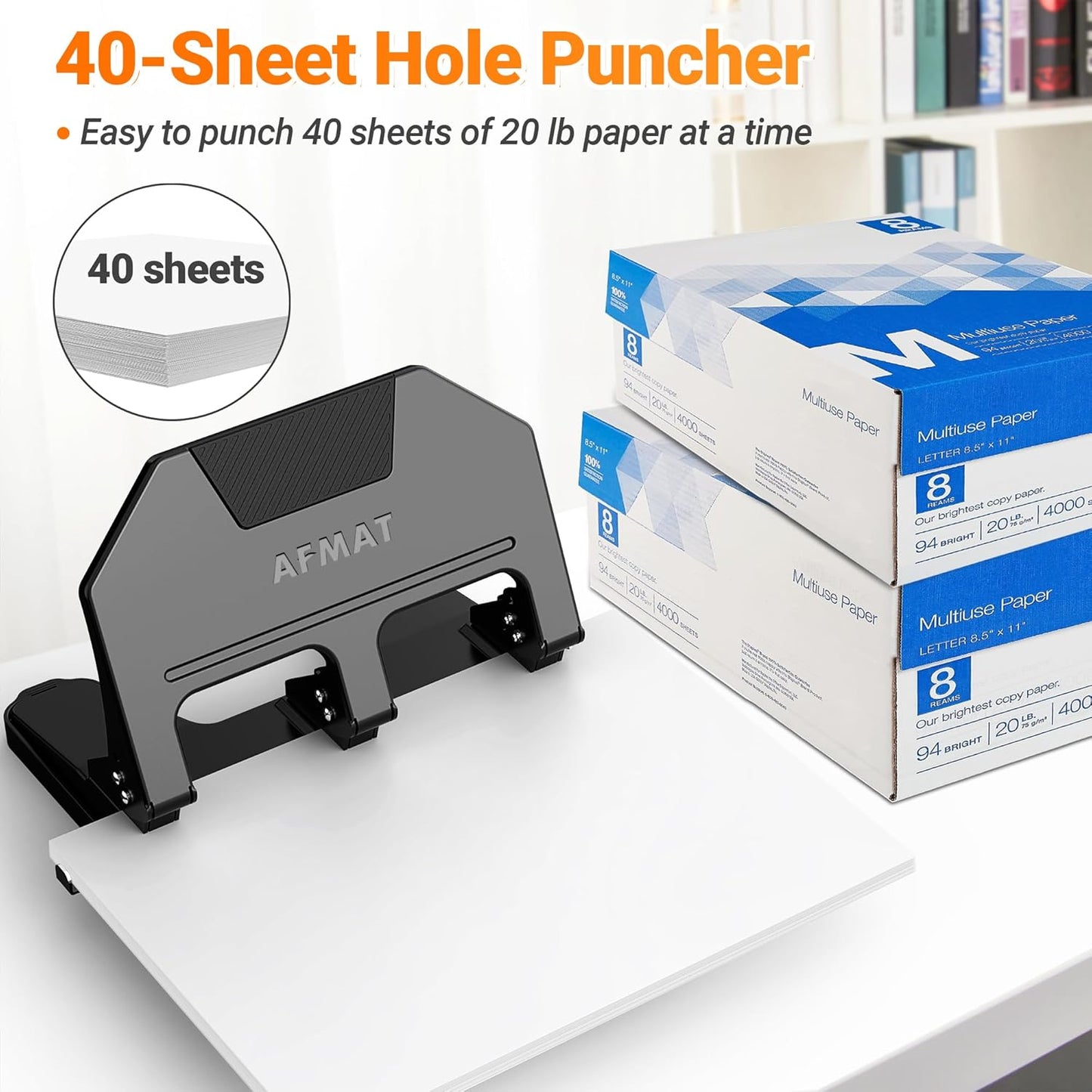 AFMAT HPX3 3 Hole Punch Heavy Duty, 40-Sheet 3 Hole Puncher for Binder, Metal Three Hole Punch w/ 10000+ Punching Times,Blue