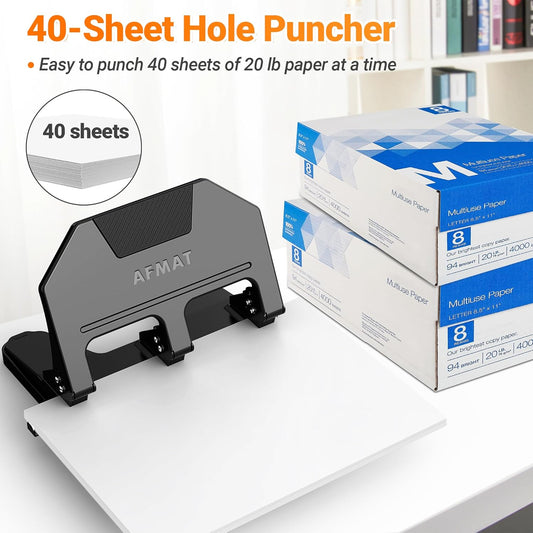 AFMAT HPX3 3 Hole Punch Heavy Duty, 40-Sheet 3 Hole Puncher for Binder, Metal Three Hole Punch w/ 10000+ Punching Times,Black