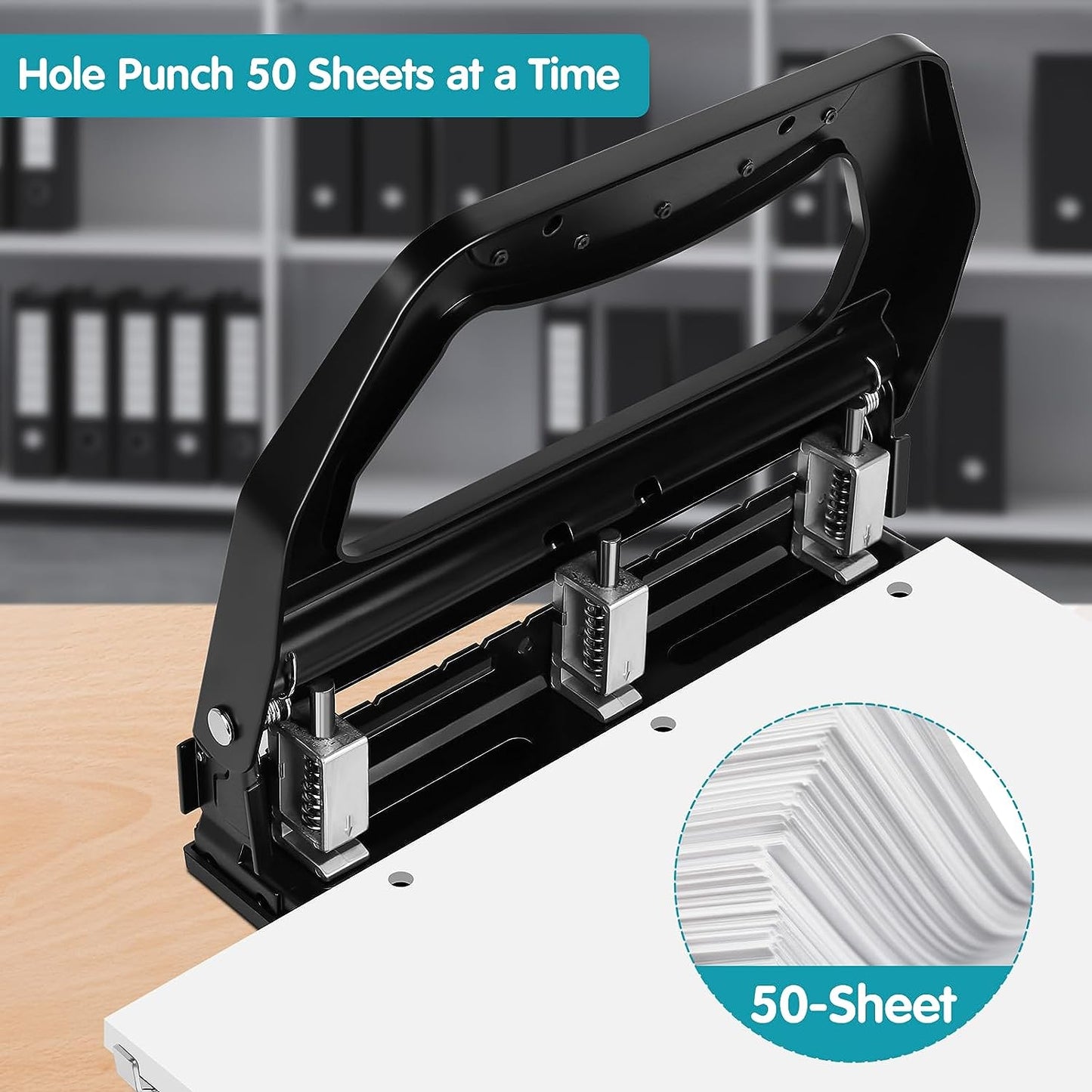 Available in the UK:AFMAT HP18 Heavy Duty 3 Hole Punch 50-Sheet, 50% Reduced Effort, Adjustable 3/2 Metal Office Hole Paper Puncher w/Large Chip Tray, Metal Paper Guide,Black