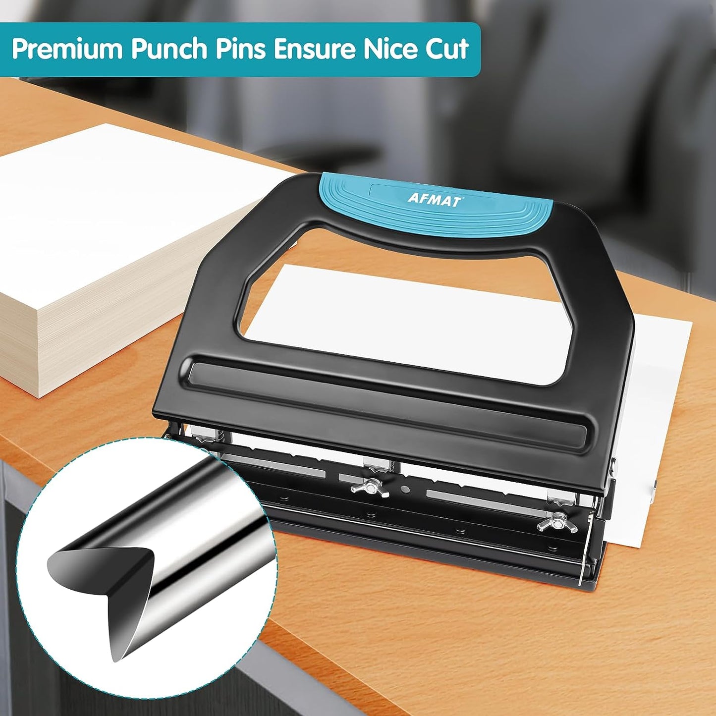 Available in the UK:AFMAT HP18 Heavy Duty 3 Hole Punch 50-Sheet, 50% Reduced Effort, Adjustable 3/2 Metal Office Hole Paper Puncher w/Large Chip Tray, Metal Paper Guide,Black