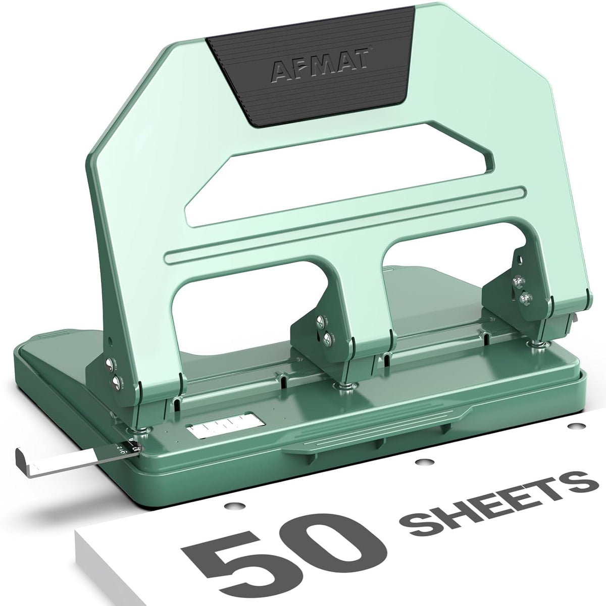 AFMAT Heavy Duty 3 Hole Puncher, 50-Sheet Paper Punch Heavy Duty, 50% Reduced Effort Three Hole Punch, 10K+ Uses, Metal Hole Puncher 3 Ring w/Large Tray, Bulit-in S.S. Paper Guide HPX4GN