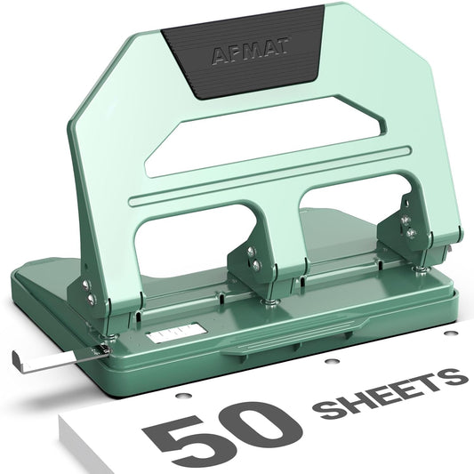 AFMAT Heavy Duty 3 Hole Puncher, 50-Sheet Paper Punch Heavy Duty, 50% Reduced Effort Three Hole Punch, 10K+ Uses, Metal Hole Puncher 3 Ring w/Large Tray, Bulit-in S.S. Paper Guide HPX4GN